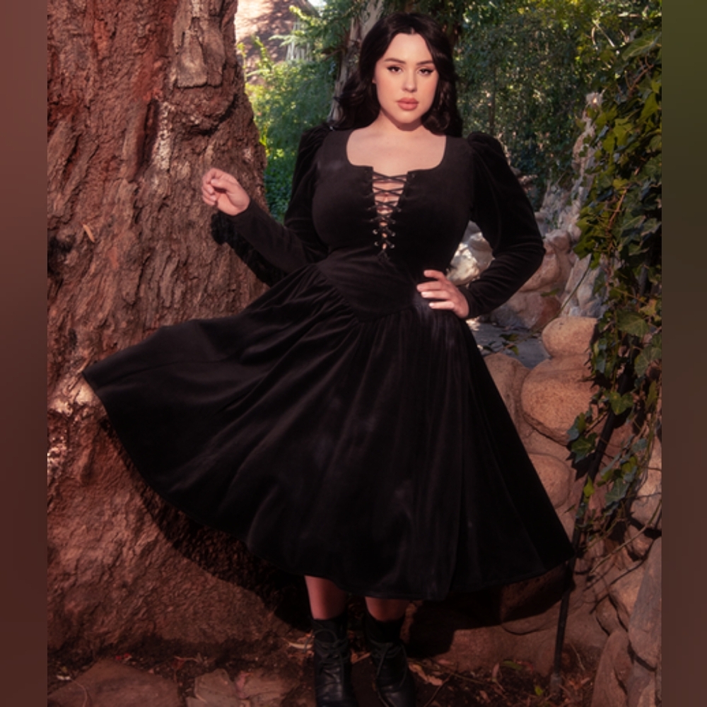 LaFemme Noir Sleepy Hollow Gothic Tales Velour Swing Dress in Black